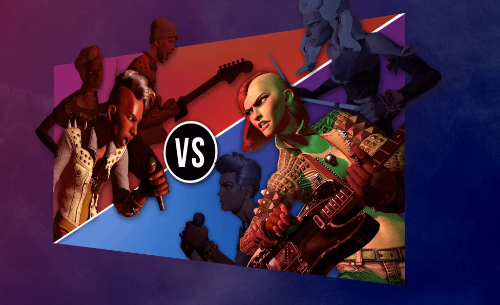 Imagen promocional de Rock Band 4 con instrumentos y logotipo del juego musical
