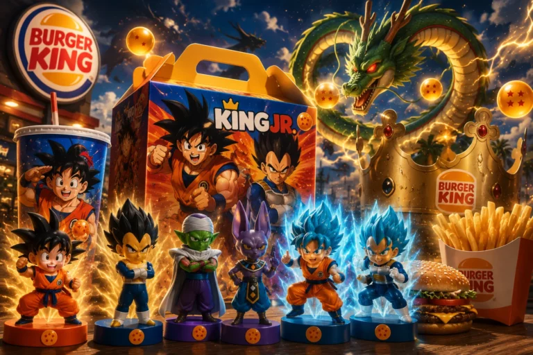 Imagen de la promoción Dragon Ball de Burger King con las nuevas figuras de Goku, Vegeta y Beerus