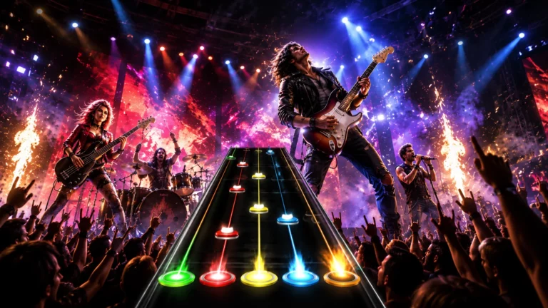 Captura de Stage Tour mostrando una actuación con guitarra en el nuevo juego musical de RedOctane