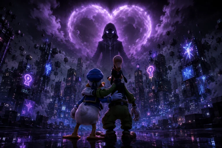 Captura de Kingdom Hearts 4 con Sora, Donald y Goofy durante una escena de la nueva aventura de Square Enix