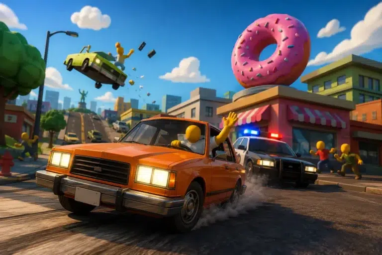 Captura de The Simpsons: Hit & Run con Homer recorriendo Springfield en el clásico de 2003