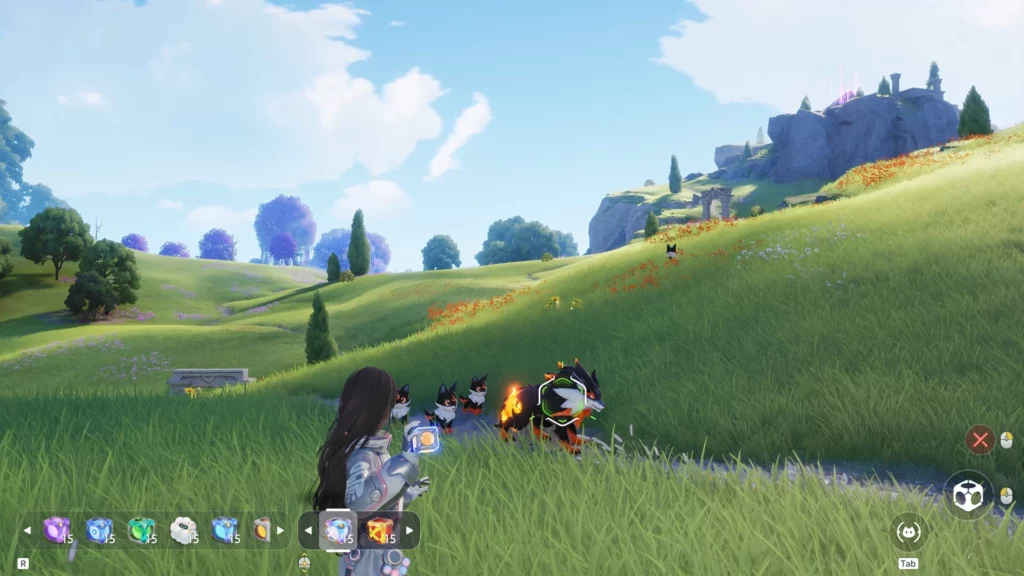 Screenshot of Aniimo creatures exploring the colorful open world of Idyll 5