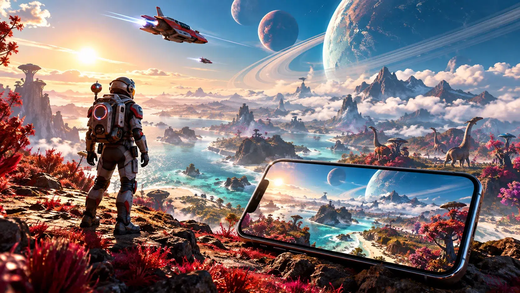 Imagen de No Man's Sky para iPhone mostrando un explorador espacial frente a un planeta alienígena