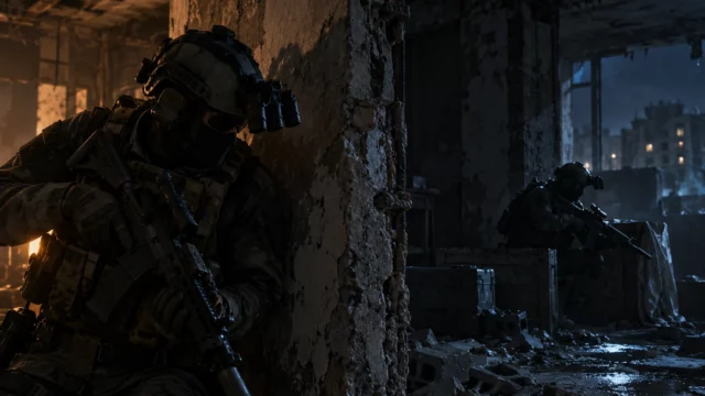Antitrampas Modern Warfare 4: operador con visión nocturna junto a una pared y soldado oculto tras cajas en un edificio en ruinas