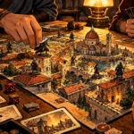 Ilustración de Assassin's Creed Animus con miniaturas encapuchadas, cartas y tablero de una ciudad renacentista.