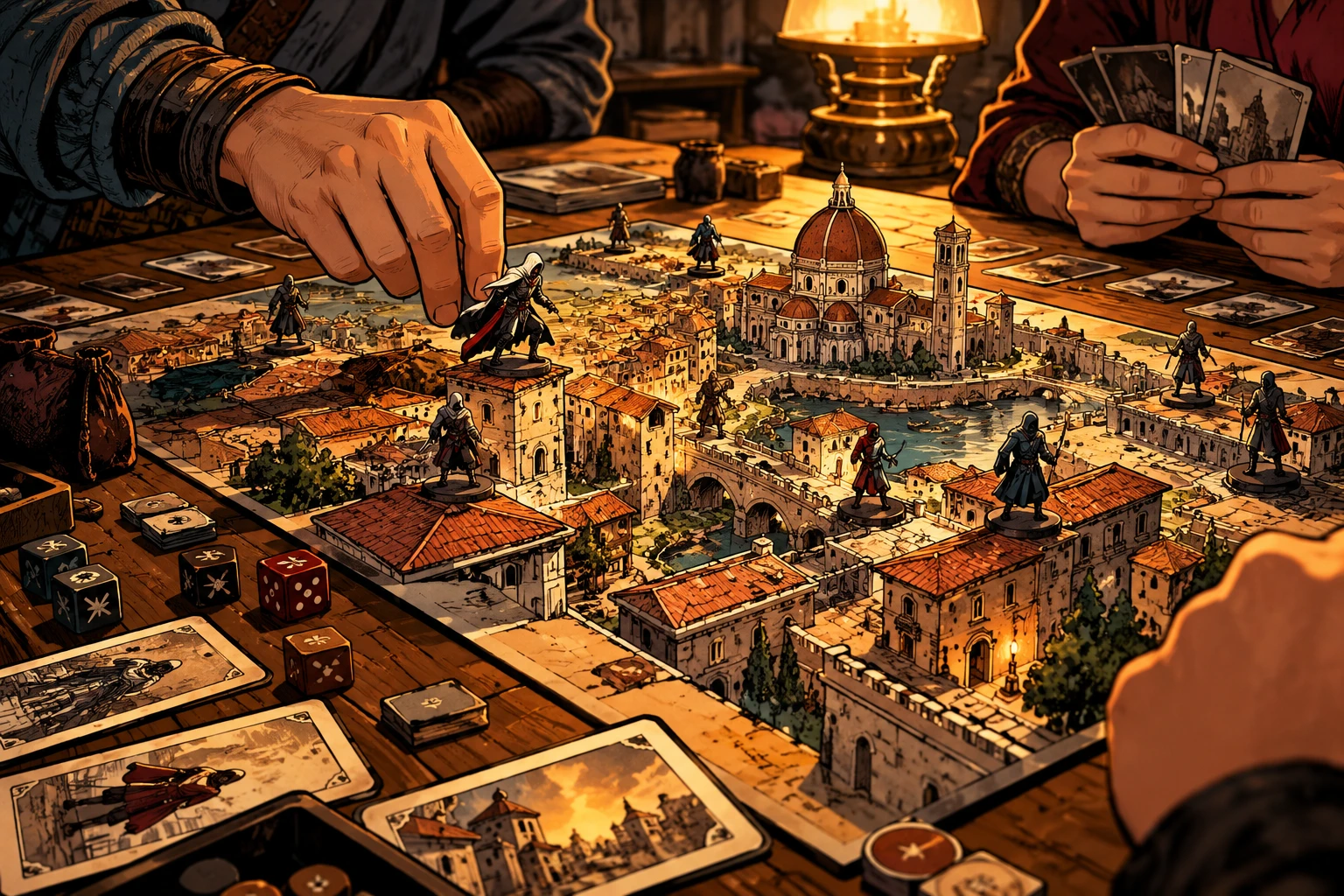 Ilustración de Assassin's Creed Animus con miniaturas encapuchadas, cartas y tablero de una ciudad renacentista.