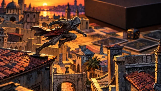 Comic-style Assassin's Creed board game illustration showing a hooded miniature leaping across city rooftops at sunset.