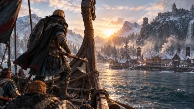 Eivor from Assassin's Creed Valhalla stands with an axe on a Viking longship sailing through a snowy fjord at sunrise.