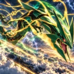 Ilustración de Mega Rayquaza sobrevolando montañas entre nubes tormentosas, relámpagos y estelas doradas y verdes