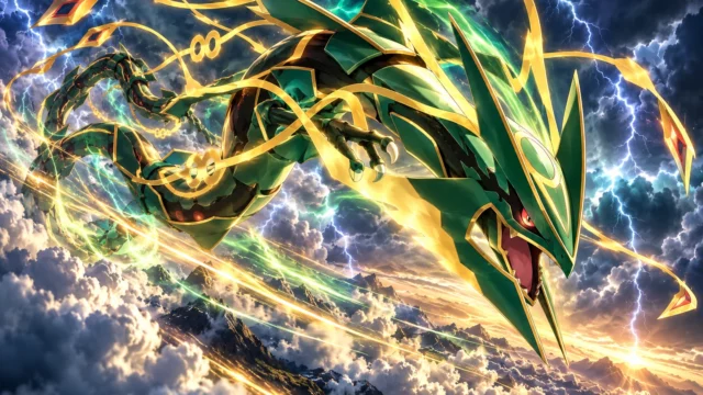 Ilustración de Mega Rayquaza sobrevolando montañas entre nubes tormentosas, relámpagos y estelas doradas y verdes