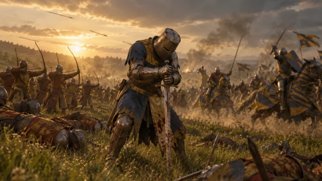Ilustración de Chronicles Medieval: caballero exhausto entre arqueros y caballería ante una posible cancelación