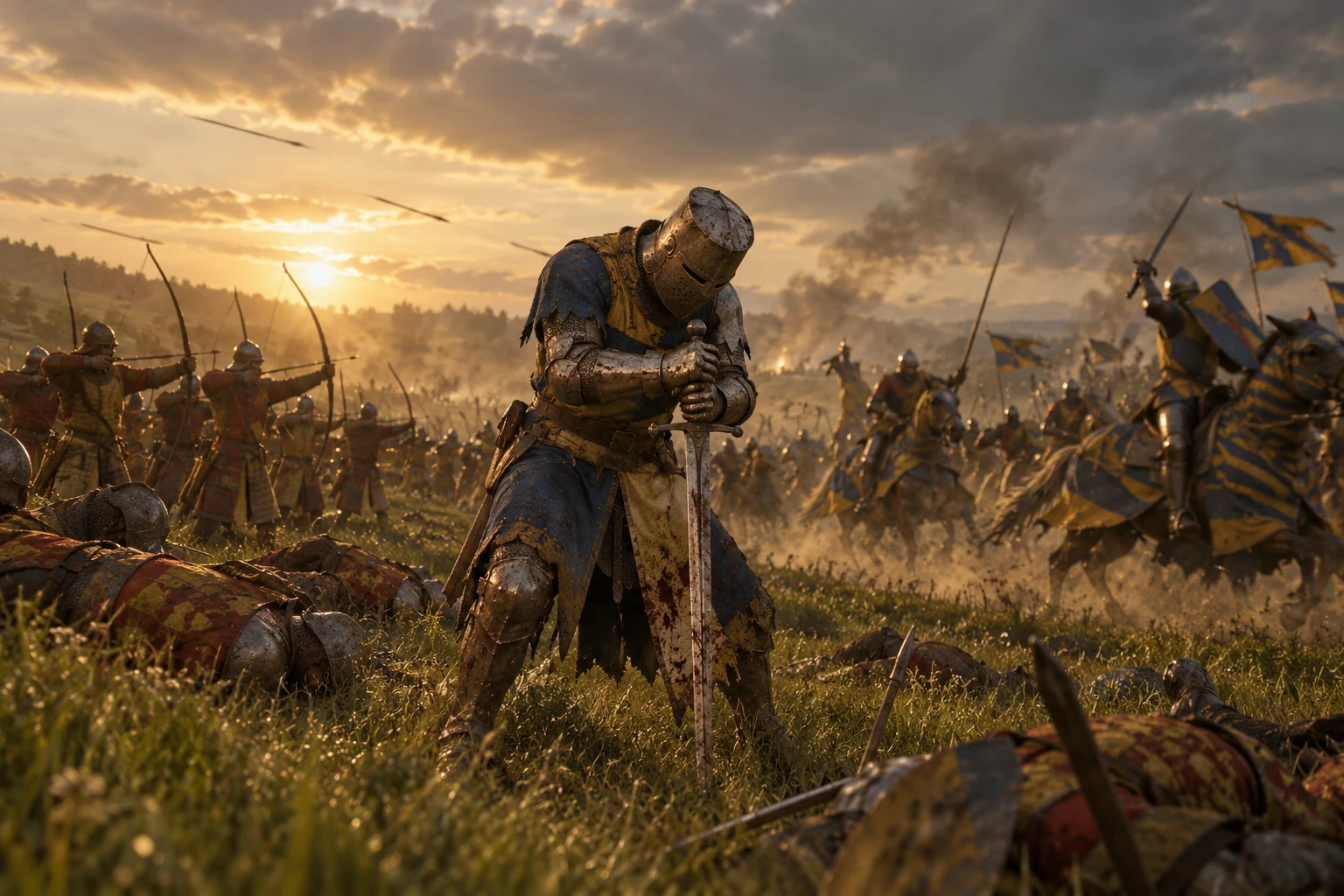 Ilustración de Chronicles Medieval: caballero exhausto entre arqueros y caballería ante una posible cancelación