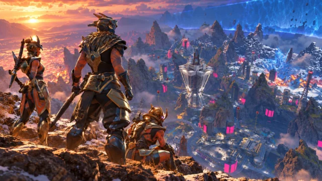 Tres leyendas de Apex Legends con armaduras doradas observan un mapa con luces de neón, montañas nevadas y el anillo azul al atardecer.