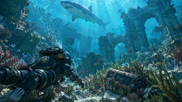 Crimson Desert expansion illustration of an armored diver near sunken ruins and treasure, with a great white shark above