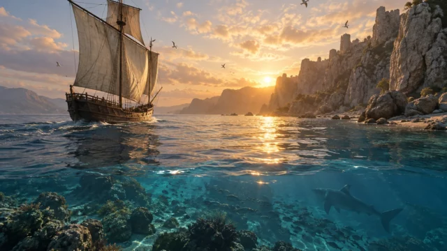 Crimson Desert free trial artwork showing a medieval ship at sunset, rocky cliffs, seagulls, coral reef, fish and shark.