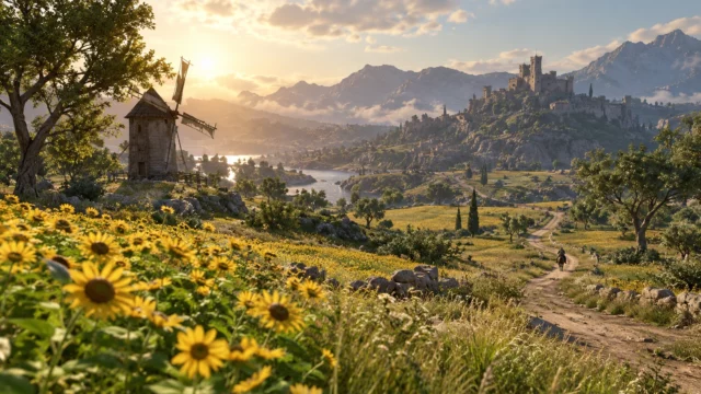Amanecer en Crimson Desert gratis: valle de girasoles, molino de viento, río, jinete en un camino y castillo entre montañas.