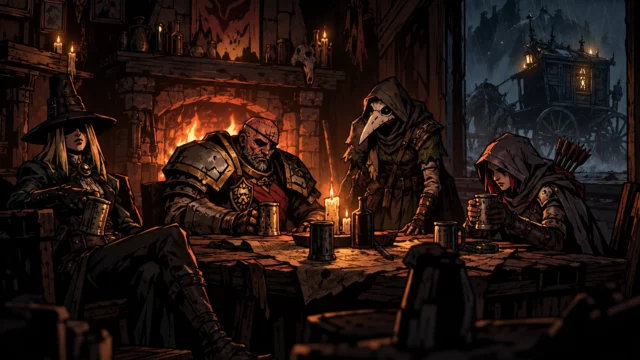 Darkest Dungeon II mobile gothic illustration of four exhausted heroes resting at an inn as rain falls outside