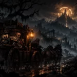 Ilustración de Darkest Dungeon II en móviles con dos héroes en una diligencia rodeada de monstruos y niebla