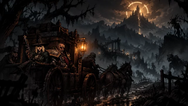 Ilustración de Darkest Dungeon II en móviles con dos héroes en una diligencia rodeada de monstruos y niebla