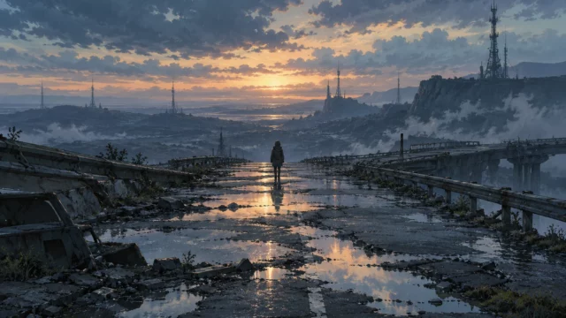 Death Stranding Isolations – Lonely Highway and Relay Towers in Hand-Drawn Animation Death Stranding Isolations 2D artwork showing a lone figure on a rain-soaked ruined highway at dusk with distant relay towers