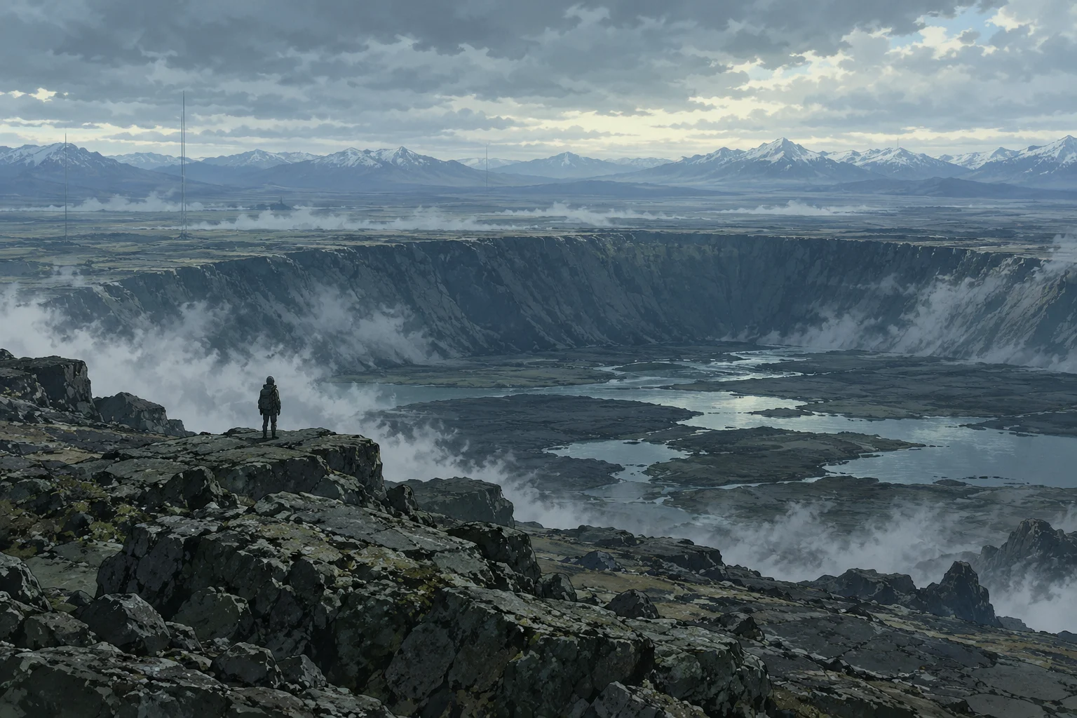 Death Stranding Isolations: paisaje desolado con un enorme cráter y una figura lejana de espaldas en animación 2D