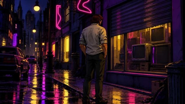 Bigby Wolf de espaldas ante una tienda de televisores cerrada, bajo neones nocturnos. Descuentos The Wolf Among Us