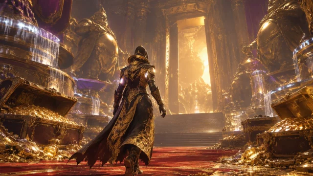 Destiny 2 Unvaulting – Warlock Exploring the Leviathan's Golden Treasure Hall Destiny 2 Warlock walking through the Leviathan's golden hall, past statues, fountains and treasure chests toward a glowing doorway.