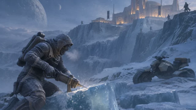 Superviviente con traje destilador helado corta hielo en Polar Sink, con una fortaleza vigilada, moto de arena y luna al fondo