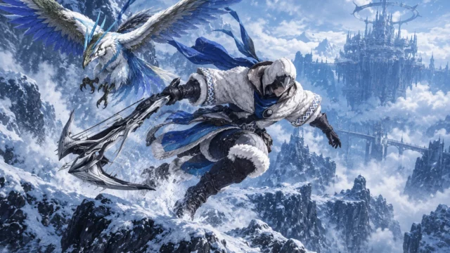 Zephyr de Final Fantasy XIV: Evercold salta con su ballesta entre montañas nevadas junto a un gran pájaro blanco y azul.