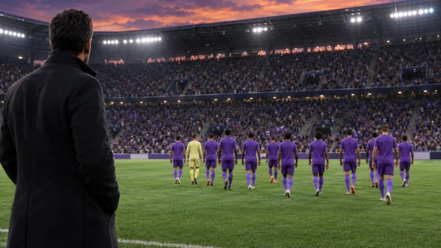 Football manager in a dark overcoat watches players in purple kits and a yellow goalkeeper enter a floodlit stadium before kick-off