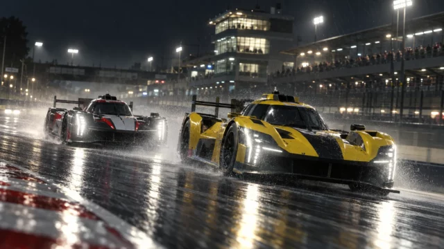 Forza Motorsport future illustration of two prototype race cars battling on a wet night circuit with rain spray and bright headlights.