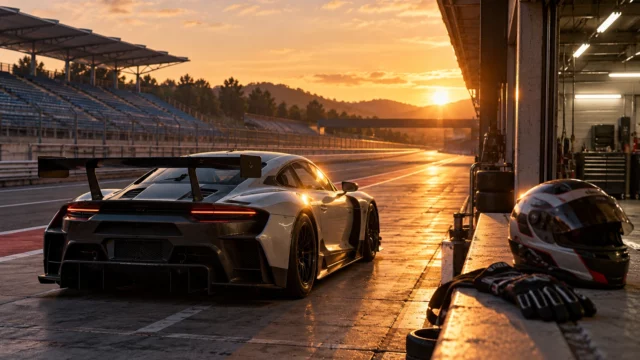 Ilustración del futuro de Forza Motorsport con un coche GT plateado en boxes, casco y guantes al atardecer.