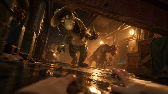 Game Pass Halloween games: Terrible Lizards first-person slide beneath a beam as a cowboy-hat dinosaur and mutant reptile chase through a dark corridor