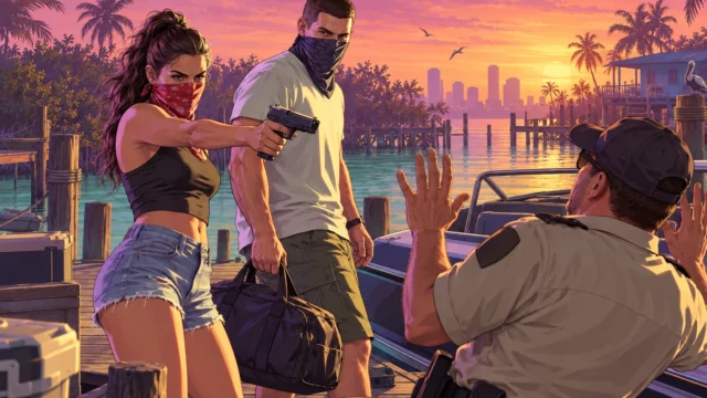 Illustration of GTA 6 moral choices as masked Jason and Lucia intimidate a guard without firing at a Leonida dock.