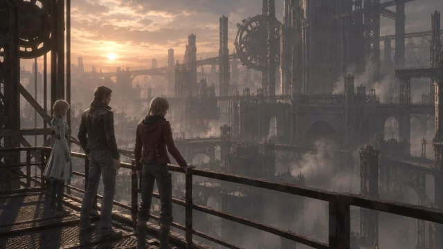 Resonance of Fate trio on a rusty walkway overlooking Basel's gothic industrial towers and giant gears at sunset