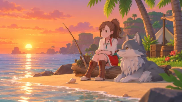 Harvest Moon DLC illustration of a brown-haired heroine beside a gray wolf on a tropical beach at sunset