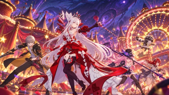 Honkai Star Rail Aha leads the Trailblazer into battle beneath a looming leviathan at a nighttime carnival
