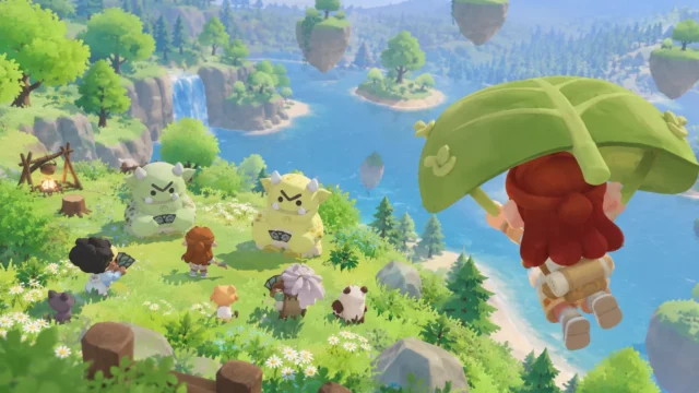 Illustration of Humblets cozy open-world game with players holding cards, friendly creatures and a character gliding over a lake