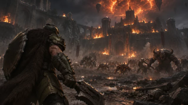 DOOM: The Dark Ages warrior faces a demon horde beneath a fiery portal, illustrating the idTech engine future