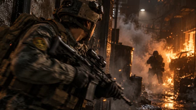 Operador con fusil girándose ante un enemigo entre el humo y un coche ardiendo en Modern Warfare 4, con desenfoque de movimiento