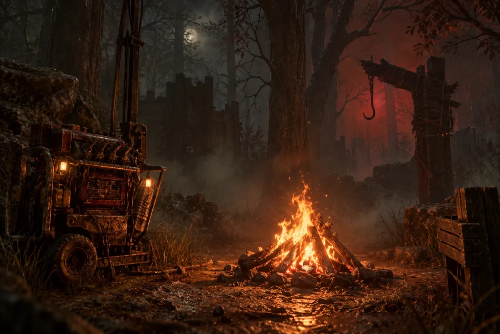 Juegos gratis Xbox Halloween: bosque nocturno de Dead by Daylight con hoguera, generador oxidado y gancho iluminado en rojo