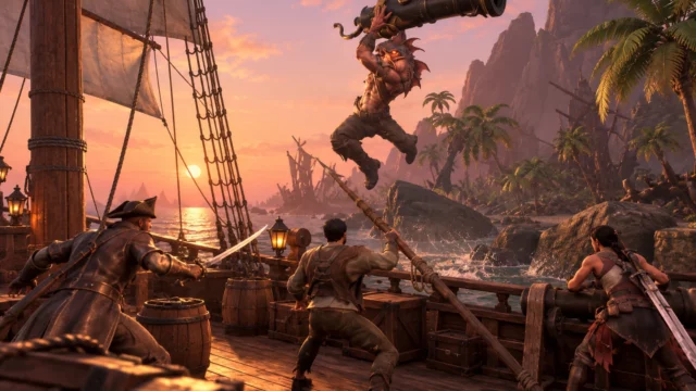 Keelblade RPG de piratas: tres espadachines se enfrentan a una criatura marina con un cañón sobre un barco al atardecer