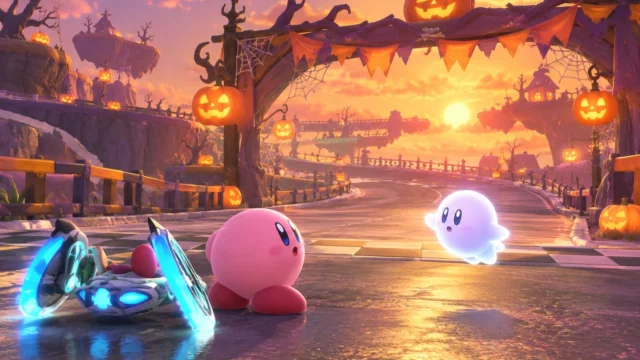 Kirby Air Riders freeze: Kirby beside his racing machine on an empty Halloween track at sunset with pumpkins and a ghost