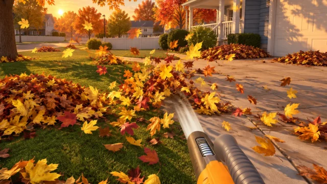 Leaf Blower Co PS5: soplador naranja y gris levantando hojas otoñales frente a una casa al atardecer
