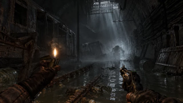 Metro Redux next-gen update illustration of a flooded tunnel with a lit lighter, revolver and mutant silhouette in the mist