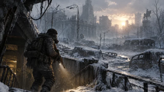 Ranger de Metro Redux con máscara de gas y fusil saliendo del metro hacia un Moscú helado con vehículos abandonados