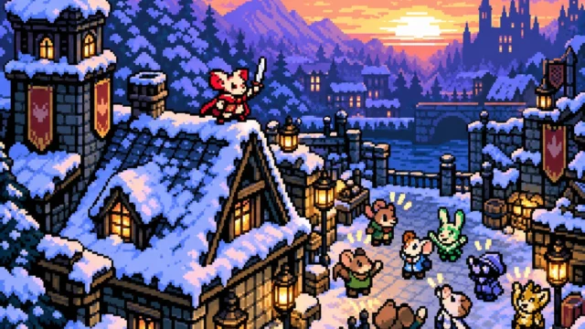 Mina the Hollower success in 8-bit pixel art, with Mina raising her weapon on a snowy rooftop as villagers cheer at dawn