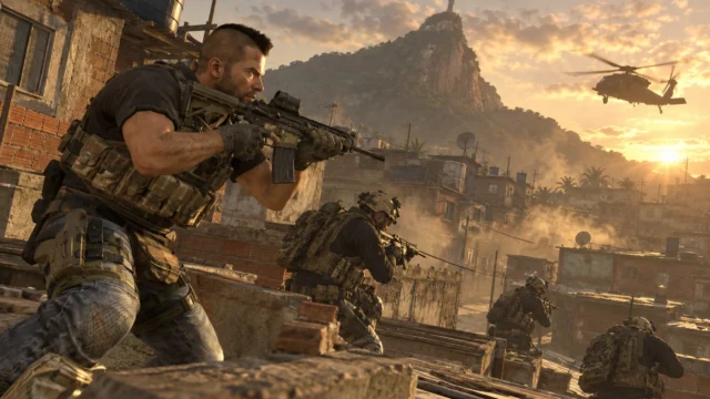 Ilustración de Modern Warfare 2 clásico con soldados avanzando por los tejados de una favela de Río de Janeiro al atardecer.