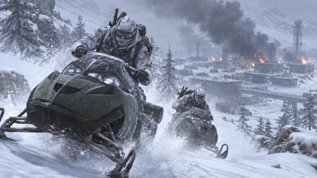 Illustration of a Modern Warfare 2 return with two arctic soldiers racing snowmobiles through a blizzard as a military base burns behind them.