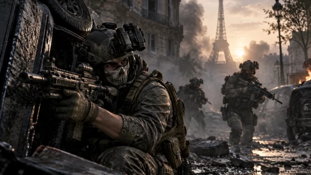 Illustration of Modern Warfare 4 performance on Switch 2 with a skull-masked soldier taking cover in smoke-filled Paris.